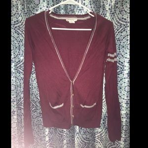 Burgundy and gray cardigan with elbow pads